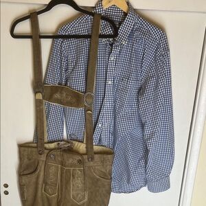 Izod Blue Checkered Shirt XL and Livergy Brown leather Lederhosen L